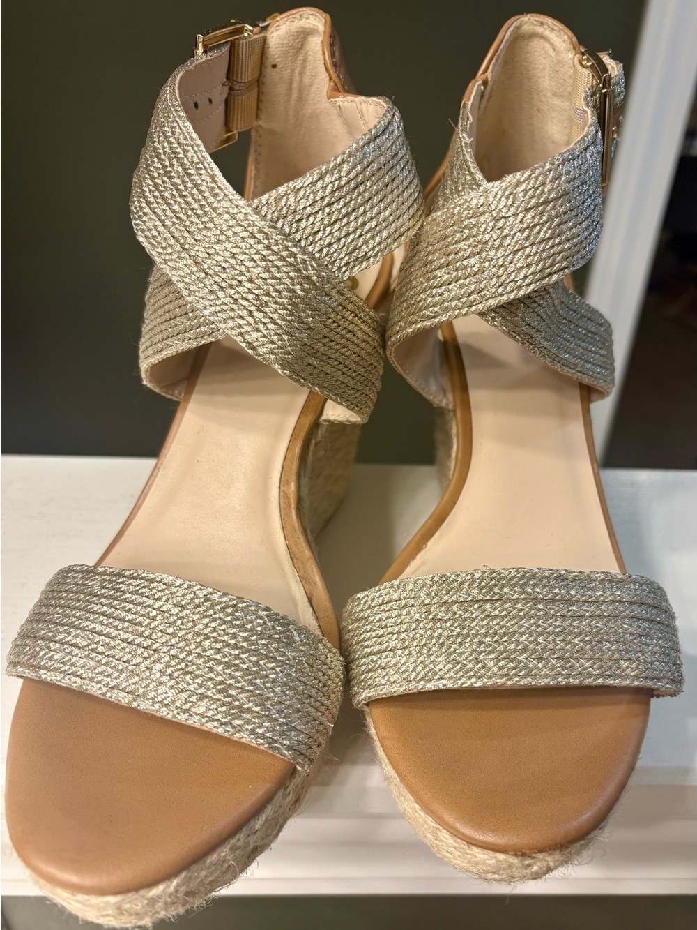 Fergalicious Metallic Gold Woven Espadrille Wedge Sandals
